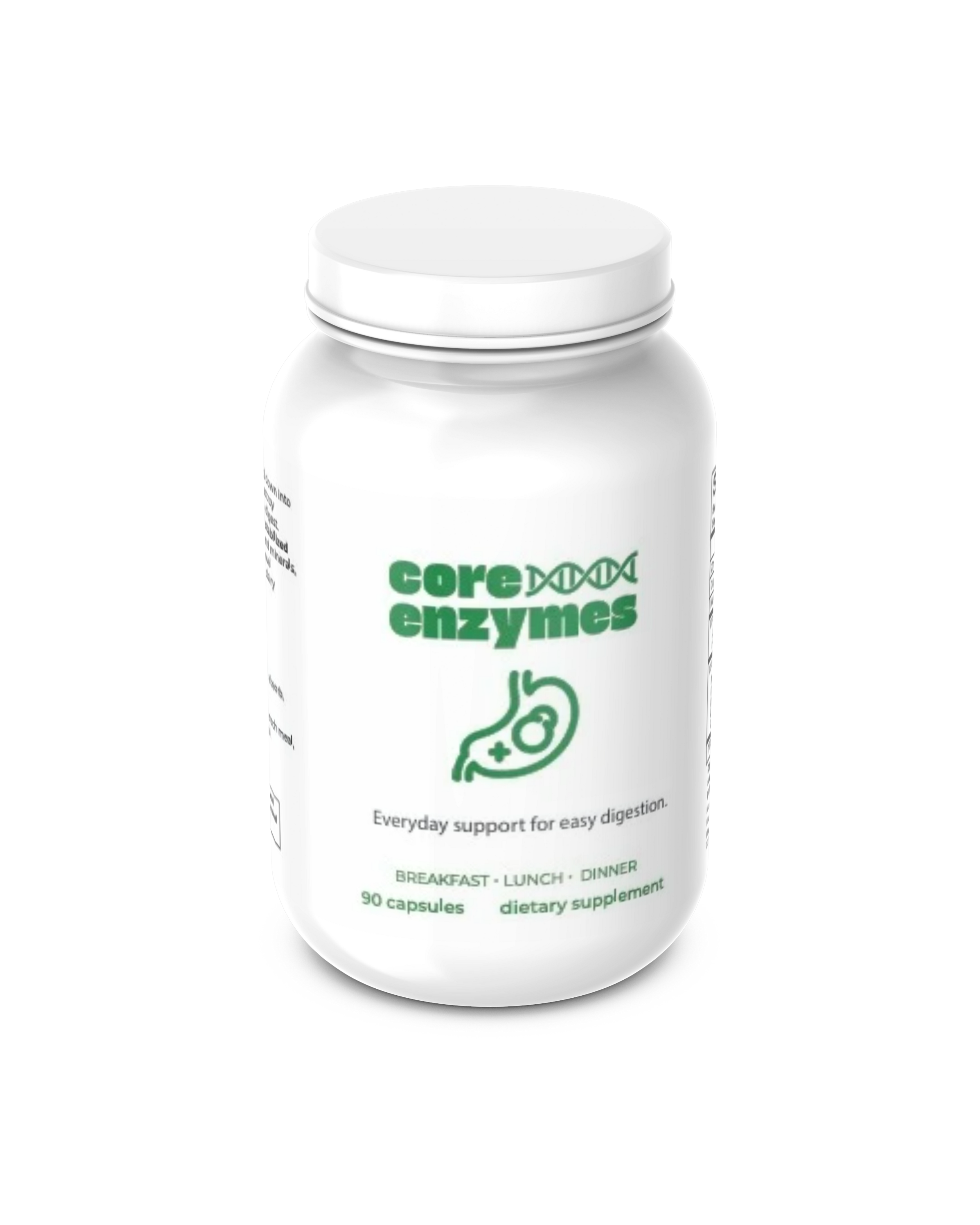 White supplement bottle labeled 'core enzymes' on a white background