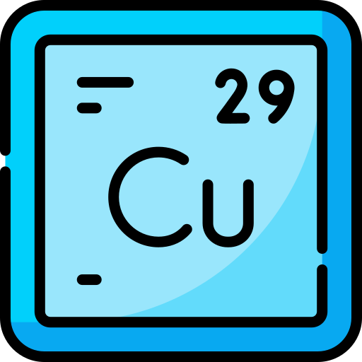Periodic table element symbol for copper with number 29 on a blue background