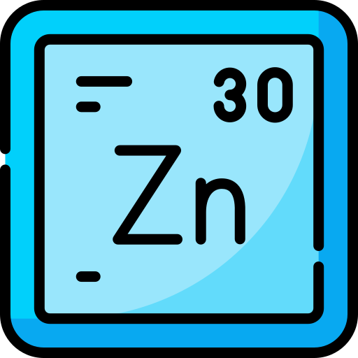 Periodic table element symbol for Zinc with atomic number 30 on a blue background